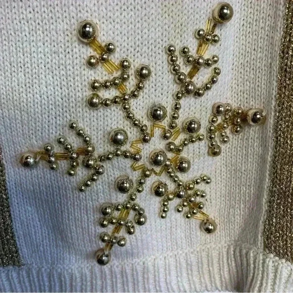 Lew Magrum VINTAGE gold and cream, gold beaded snowflake Christmas sweater SZ-L - Picture 10 of 11